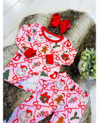 Light Pink Mixed Christmas Print Pajamas with Red Trim - Girls Pants Outfit - by Mini Mee - True to Size