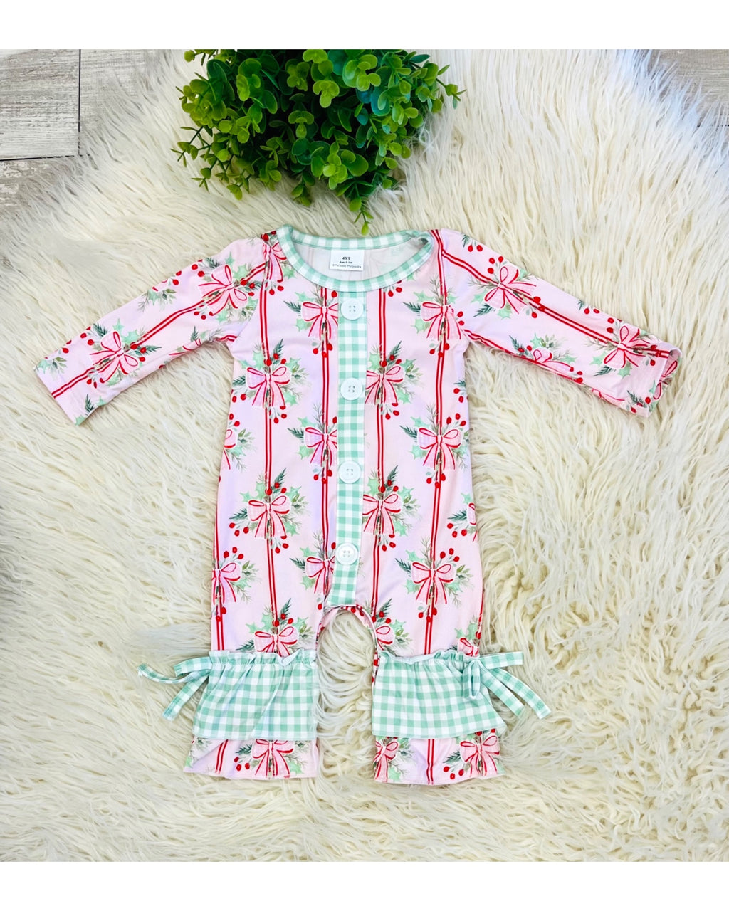 Cute Christmas Bow Gingham - Girls Romper - by Mini Mee - True to Size