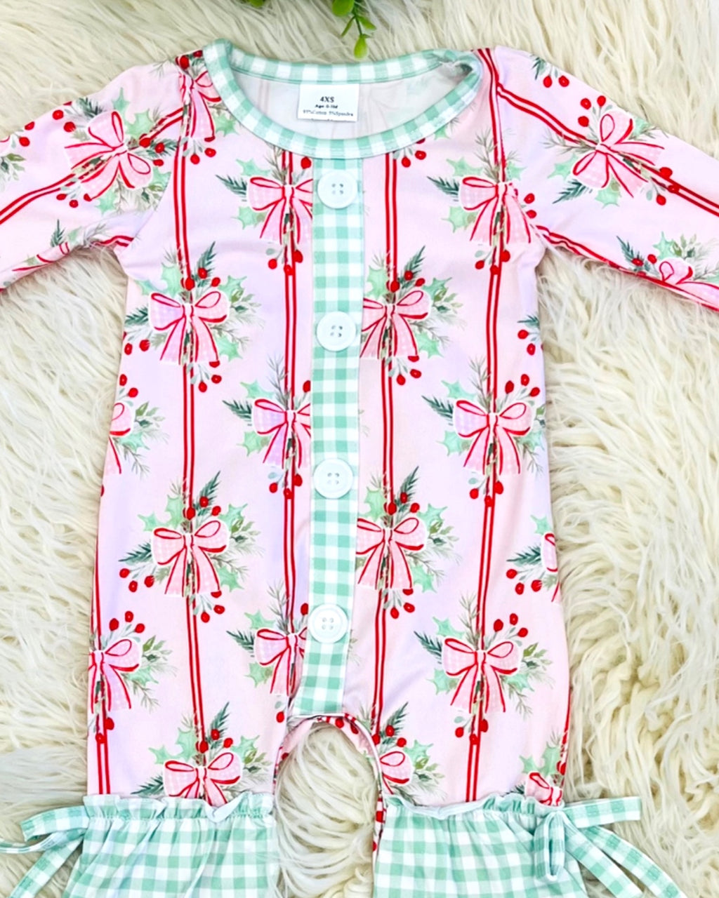 Cute Christmas Bow Gingham - Girls Romper - by Mini Mee - True to Size