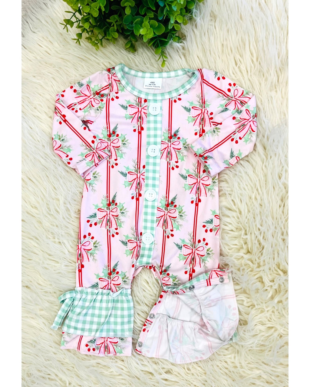 Cute Christmas Bow Gingham - Girls Romper - by Mini Mee - True to Size