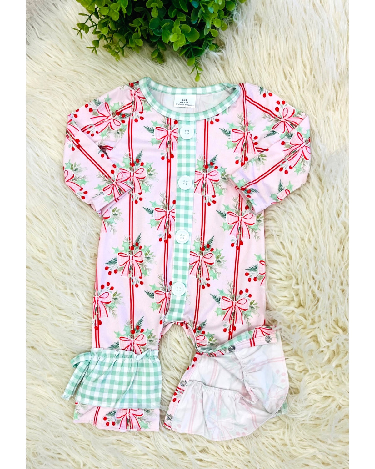 Cute Christmas Bow Gingham - Girls Romper - by Mini Mee - True to Size