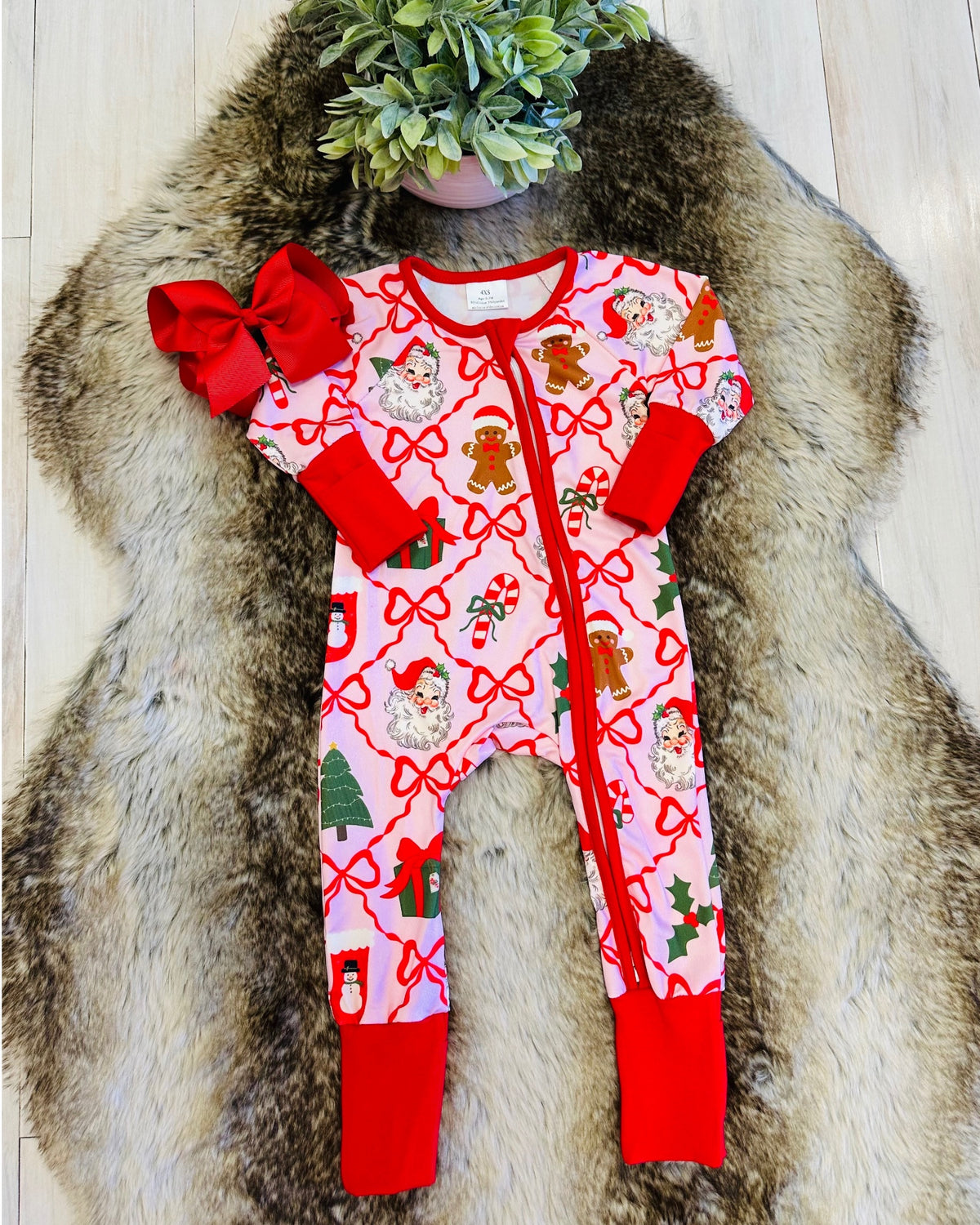 Light Pink & Red Mixed Christmas Print Sleeper - Girls Sleeper - by Mini Mee - True to Size