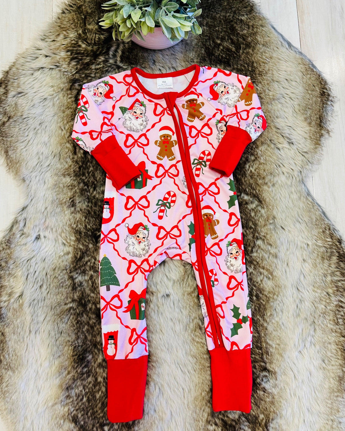 Light Pink & Red Mixed Christmas Print Sleeper - Girls Sleeper - by Mini Mee - True to Size