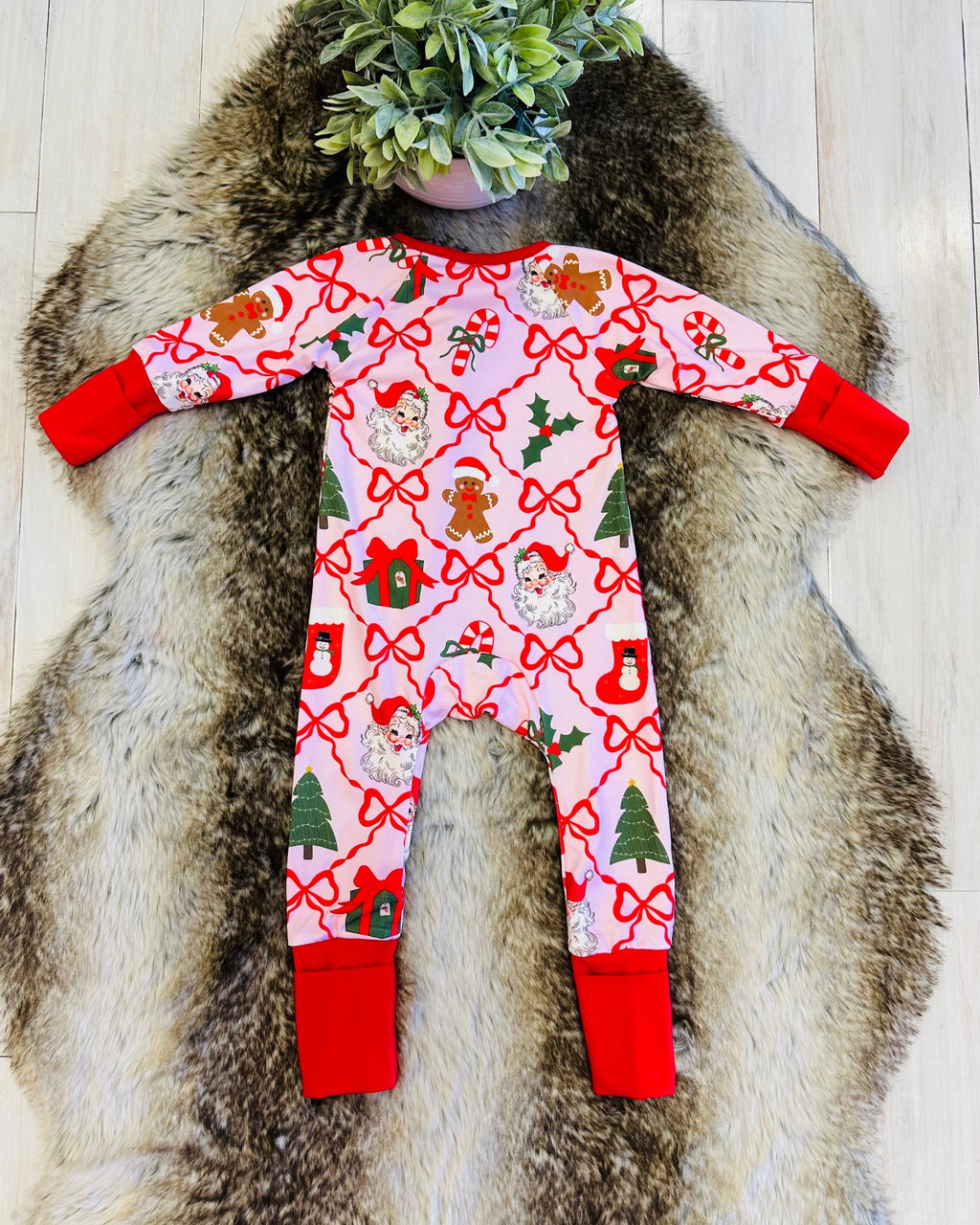 Light Pink & Red Mixed Christmas Print Sleeper - Girls Sleeper - by Mini Mee - True to Size