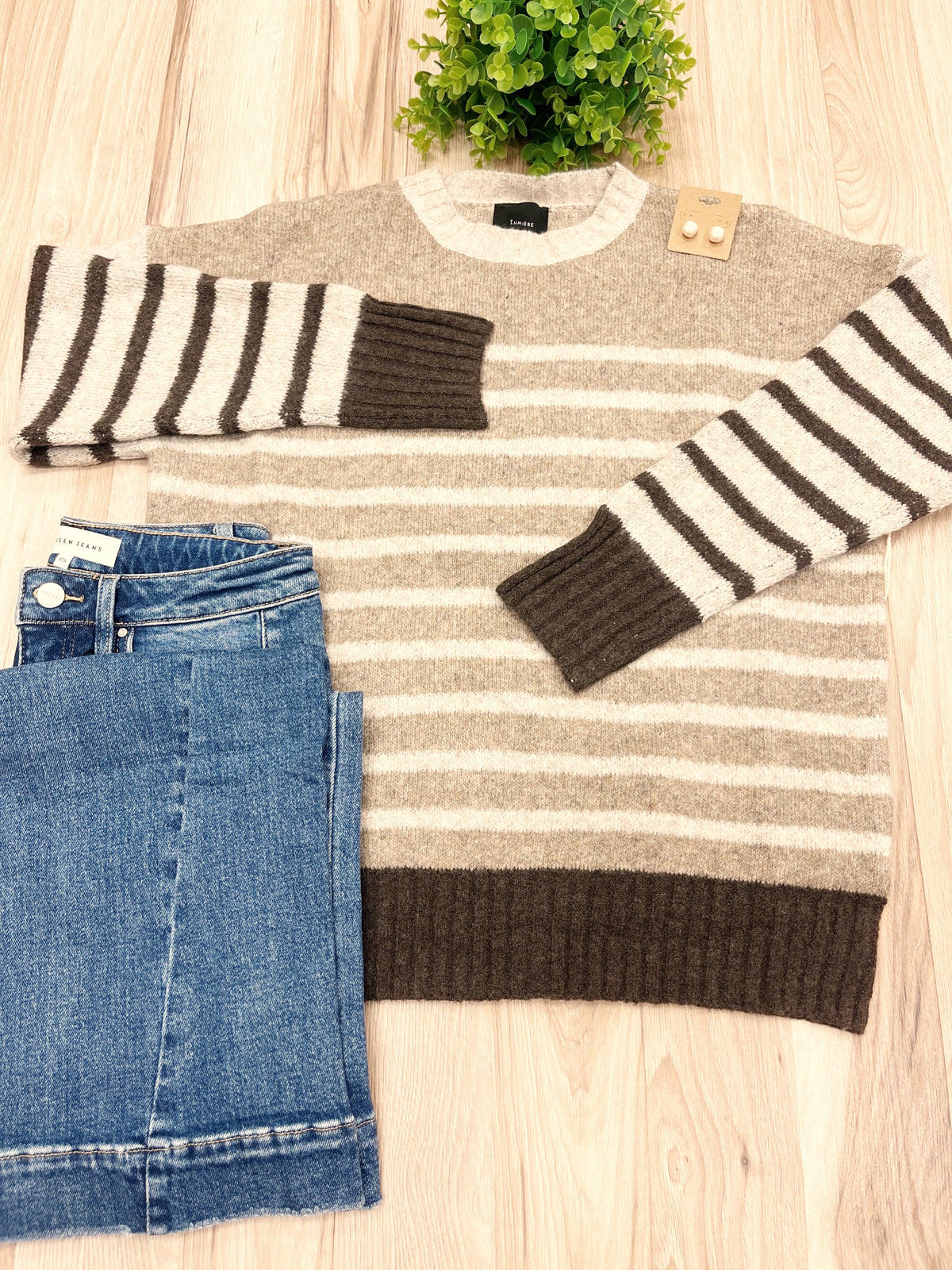 Neutral stripe Pattern Sweater - Women’s Sweater Top - by LUMIERE - True to Size