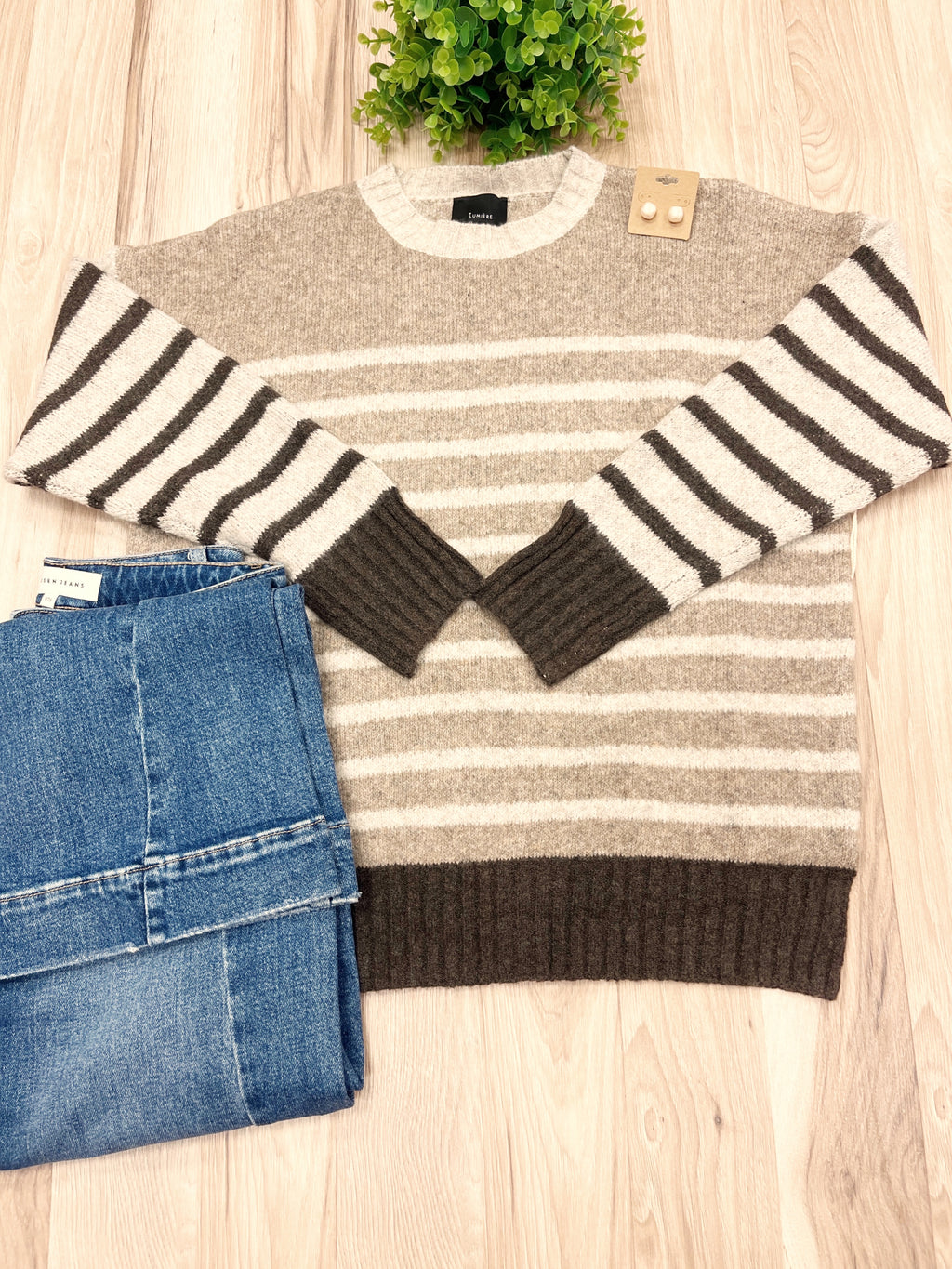 Neutral stripe Pattern Sweater - Women’s Sweater Top - by LUMIERE - True to Size