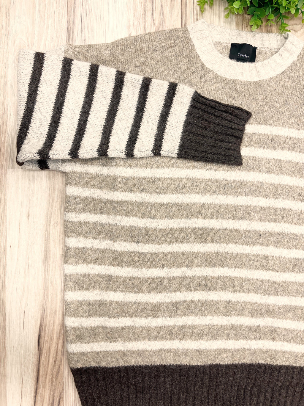 Neutral stripe Pattern Sweater - Women’s Sweater Top - by LUMIERE - True to Size