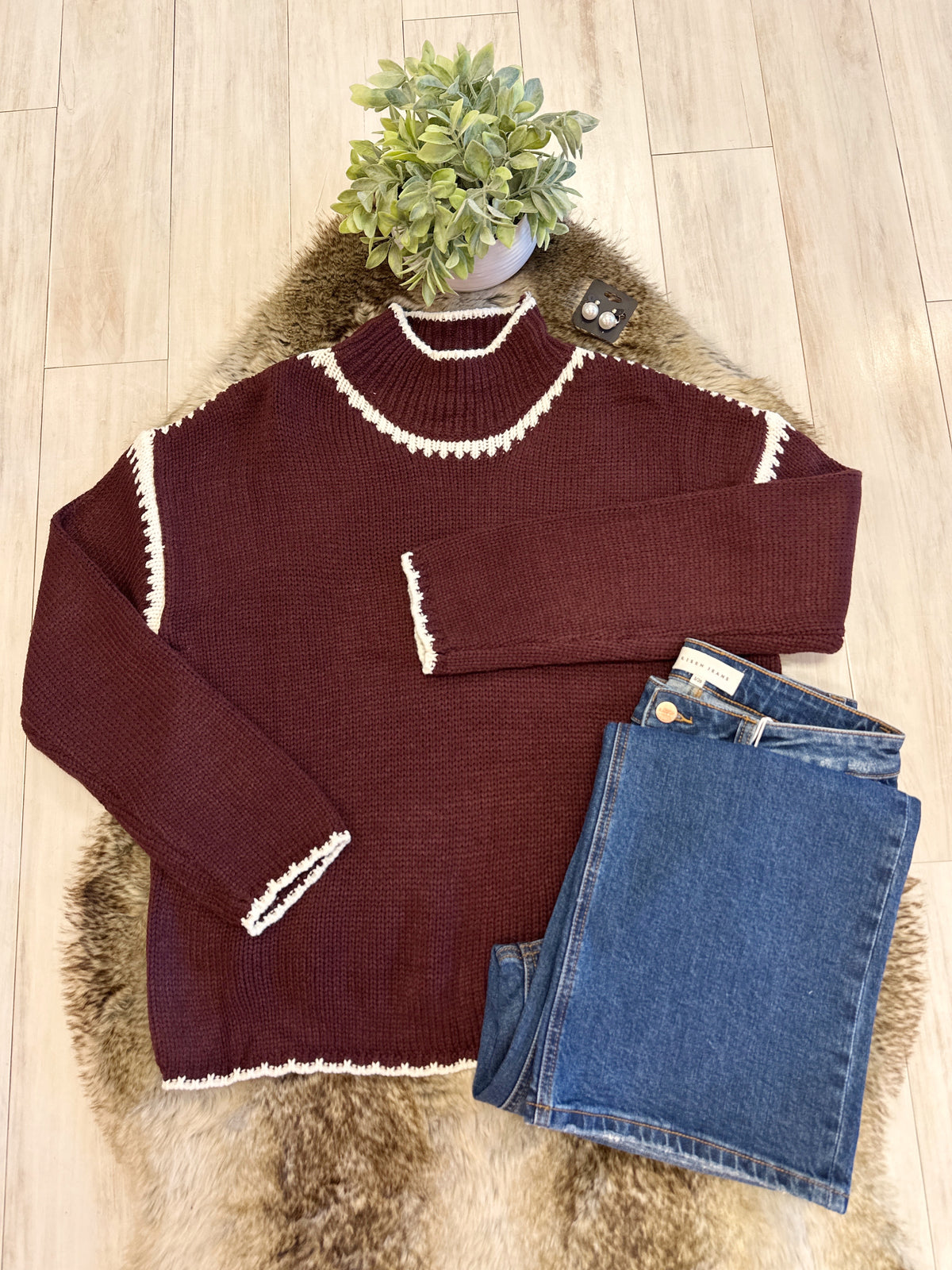 Burgundy Mockneck Knitted Sweater with White Stitch Detail - Women’s Sweater Top - by Evermmee - Oversized