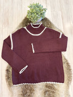Burgundy Mockneck Knitted Sweater with White Stitch Detail - Women’s Sweater Top - by Evermmee - Oversized