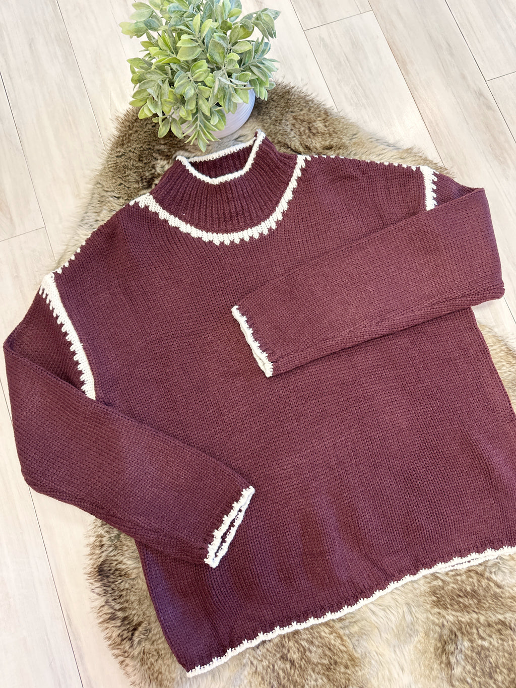 Burgundy Mockneck Knitted Sweater with White Stitch Detail - Women’s Sweater Top - by Evermmee - Oversized