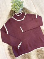 Burgundy Mockneck Knitted Sweater with White Stitch Detail - Women’s Sweater Top - by Evermmee - Oversized