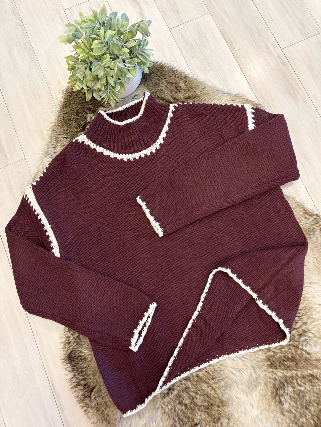 Burgundy Mockneck Knitted Sweater with White Stitch Detail - Women’s Sweater Top - by Evermmee - Oversized