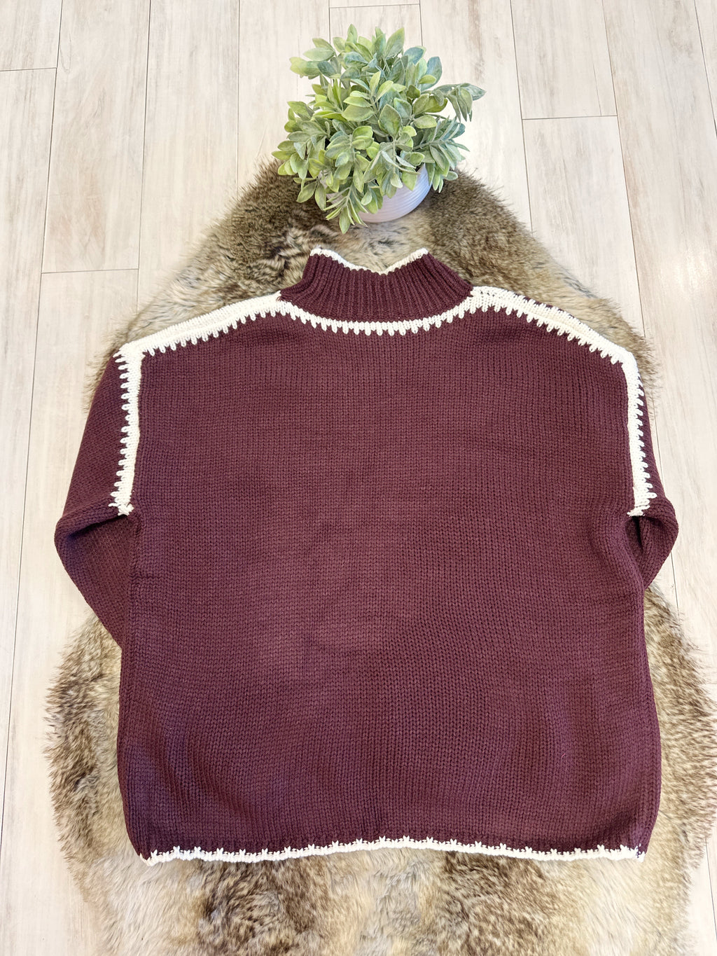 Burgundy Mockneck Knitted Sweater with White Stitch Detail - Women’s Sweater Top - by Evermmee - Oversized
