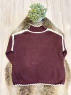 Burgundy Mockneck Knitted Sweater with White Stitch Detail - Women’s Sweater Top - by Evermmee - Oversized