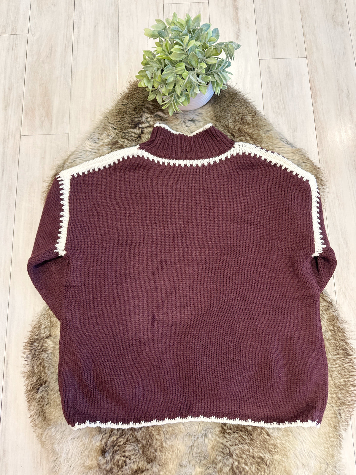 Burgundy Mockneck Knitted Sweater with White Stitch Detail - Women’s Sweater Top - by Evermmee - Oversized