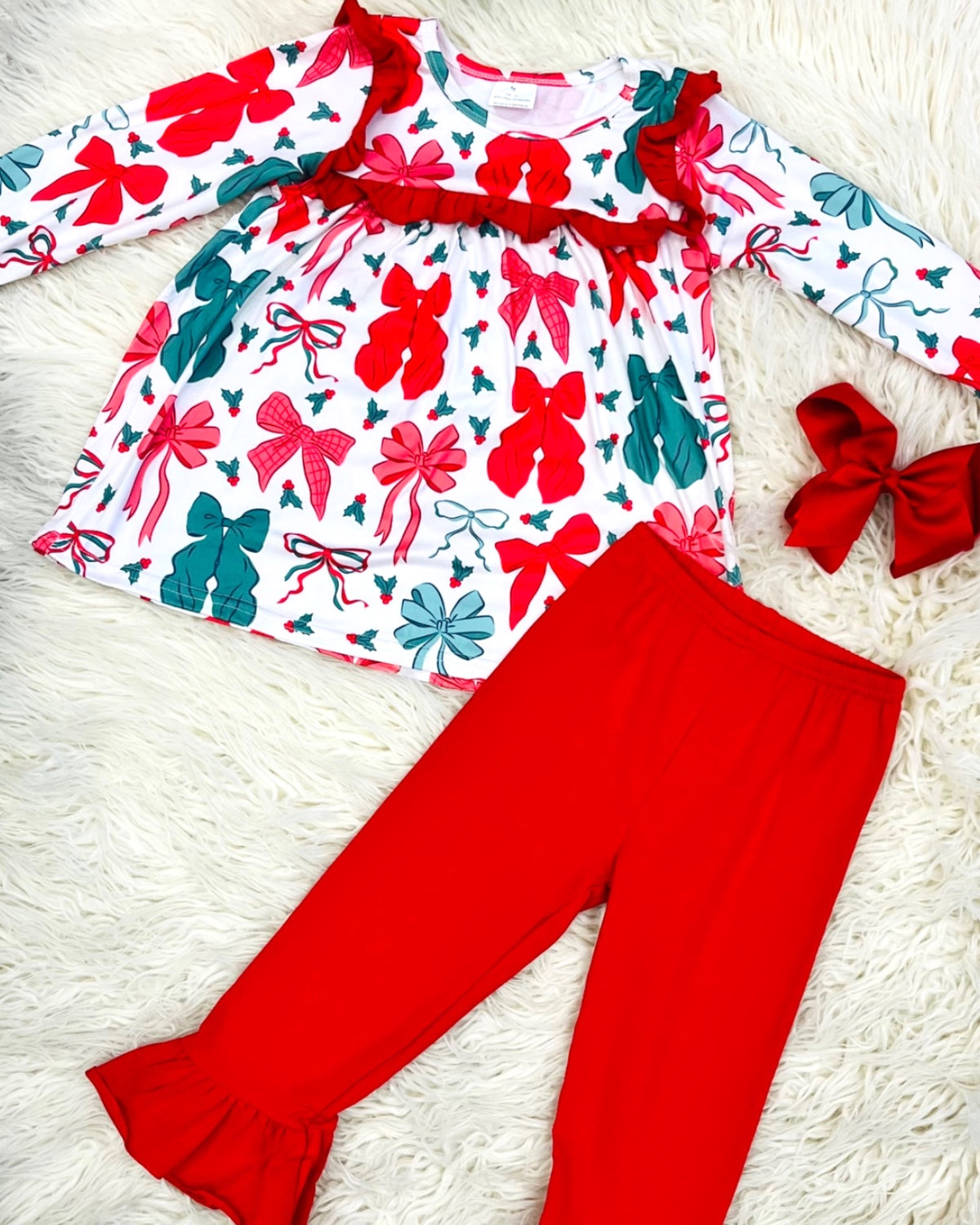 Red & Green Bow - Girls Pants Outfit - by Mini Mee - True to Size