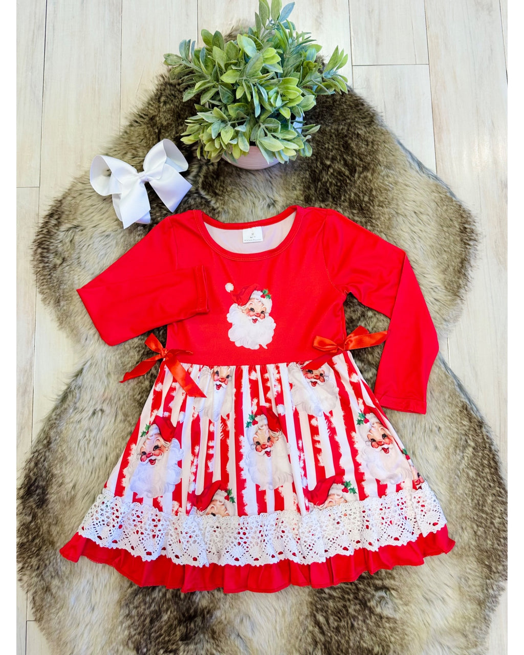 Red & White Striped Christmas Santa Dress with Lace Detail & Bow Ties - Girls Dress - by Mini Mee - True to Size