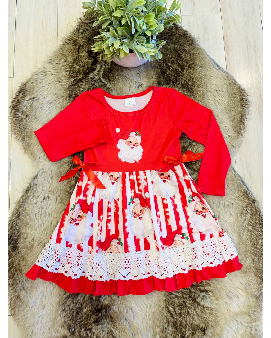 Red & White Striped Christmas Santa Dress with Lace Detail & Bow Ties - Girls Dress - by Mini Mee - True to Size