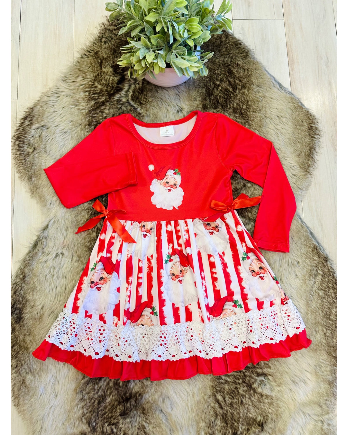 Red & White Striped Christmas Santa Dress with Lace Detail & Bow Ties - Girls Dress - by Mini Mee - True to Size