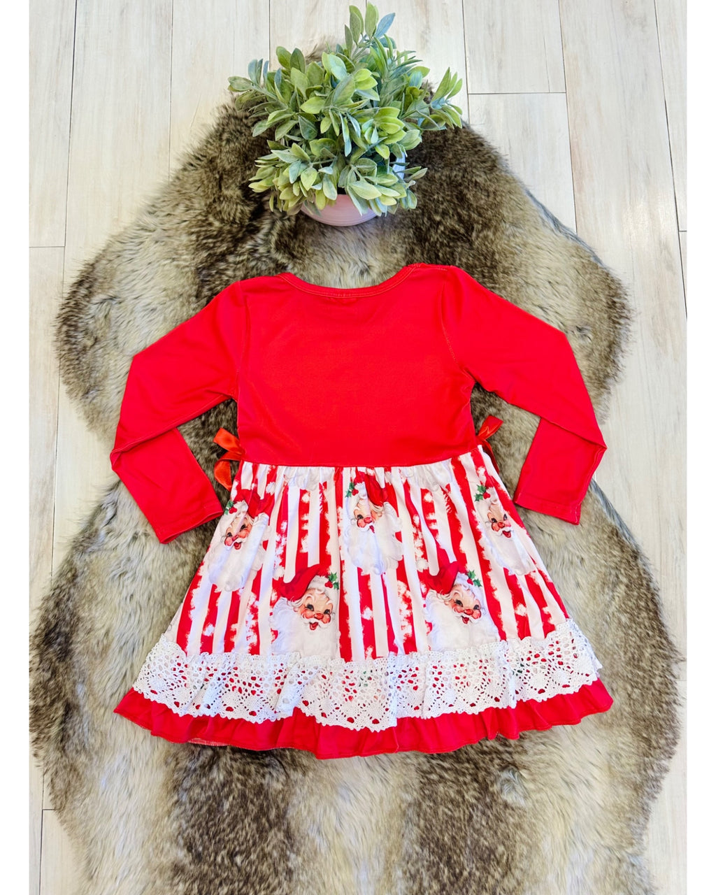 Red & White Striped Christmas Santa Dress with Lace Detail & Bow Ties - Girls Dress - by Mini Mee - True to Size