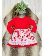 Red & White Striped Christmas Santa Dress with Lace Detail & Bow Ties - Girls Dress - by Mini Mee - True to Size