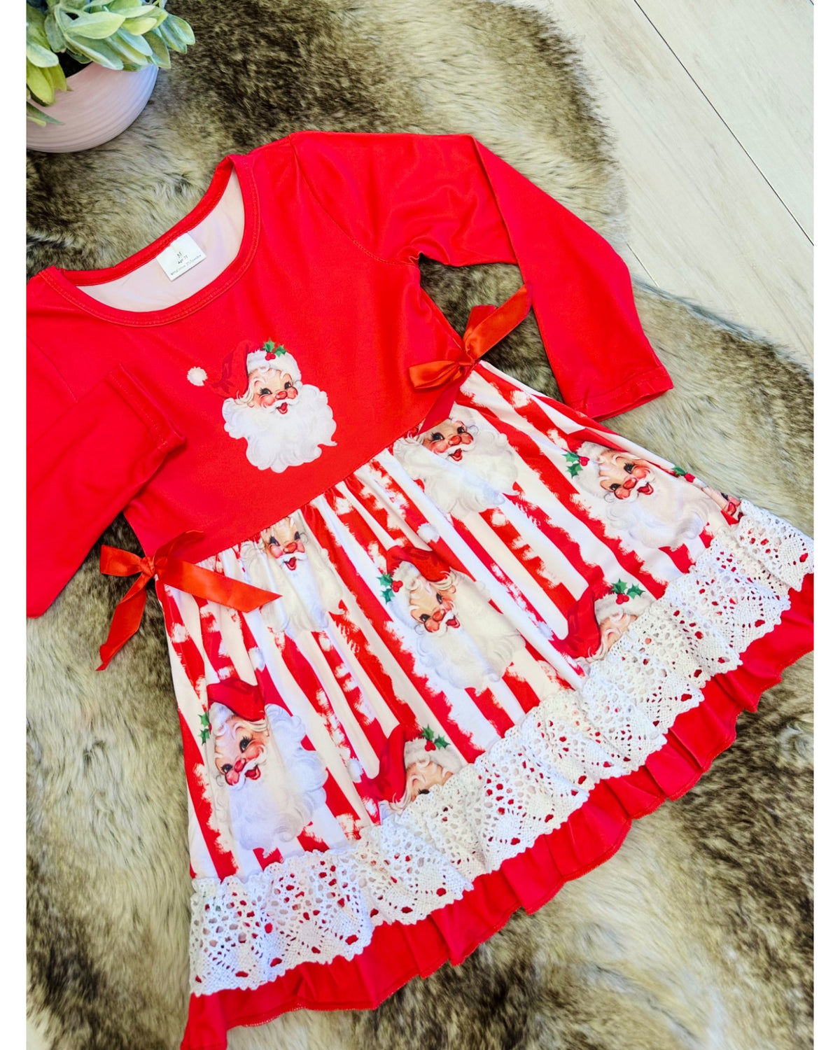 Red & White Striped Christmas Santa Dress with Lace Detail & Bow Ties - Girls Dress - by Mini Mee - True to Size