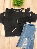 Black & White Scalloped Contrast on Trim - Women’s Sweater Top - by LUMIERE - True to Size