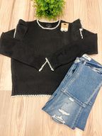 Black & White Scalloped Contrast on Trim - Women’s Sweater Top - by LUMIERE - True to Size
