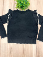 Black & White Scalloped Contrast on Trim - Women’s Sweater Top - by LUMIERE - True to Size