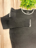 Black & White Scalloped Contrast on Trim - Women’s Sweater Top - by LUMIERE - True to Size