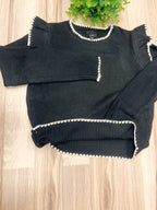 Black & White Scalloped Contrast on Trim - Women’s Sweater Top - by LUMIERE - True to Size