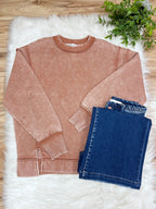 Rust Exposed Seam Pullover with Slits - Women’s Sweatshirt Top - by Zenana - Loose Fit