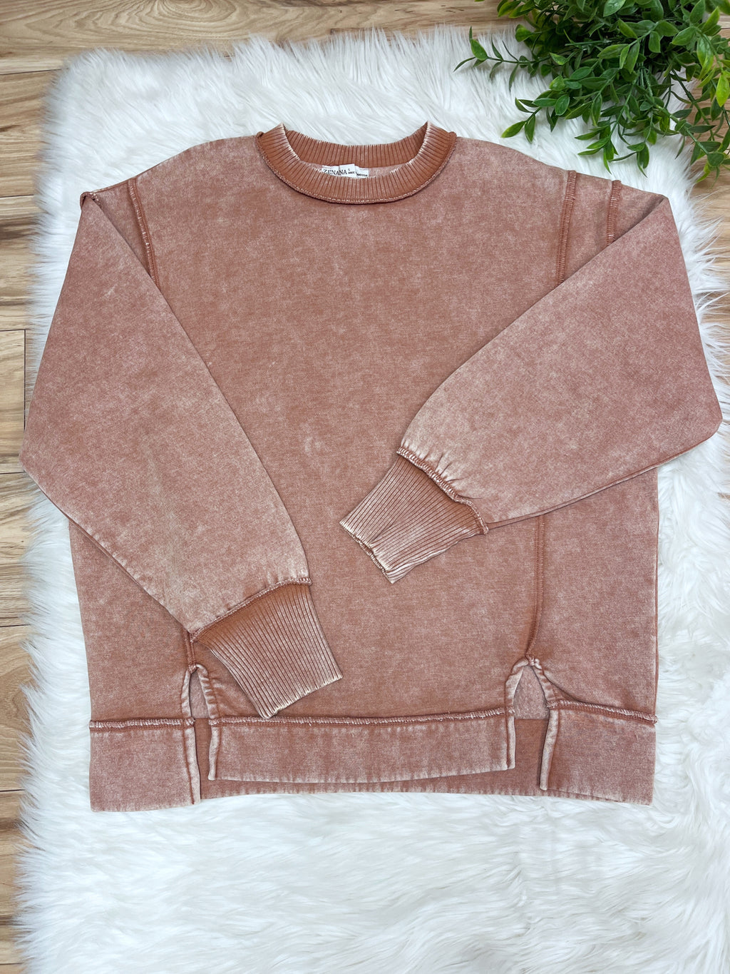 Rust Exposed Seam Pullover with Slits - Women’s Sweatshirt Top - by Zenana - Loose Fit