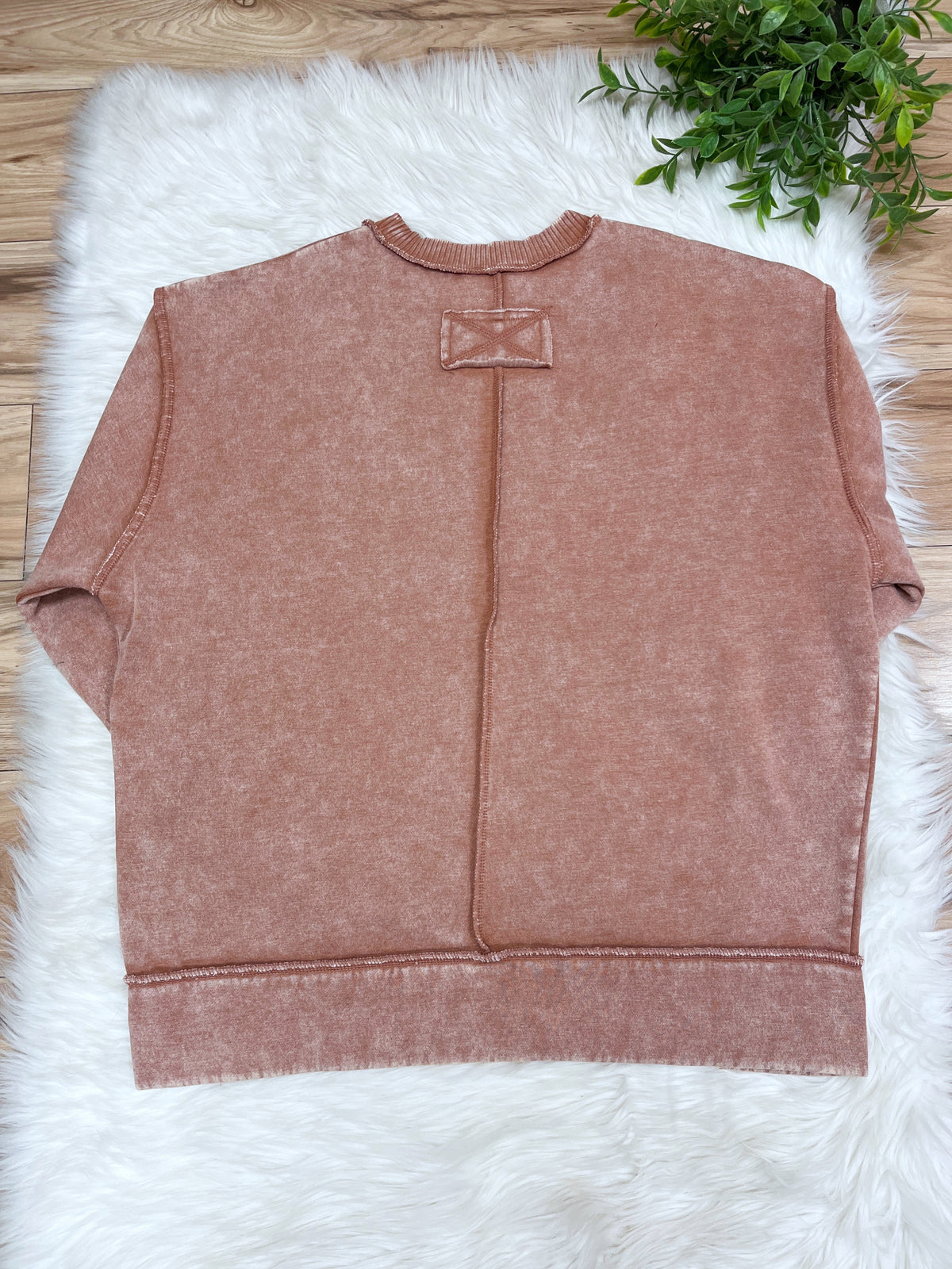 Rust Exposed Seam Pullover with Slits - Women’s Sweatshirt Top - by Zenana - Loose Fit