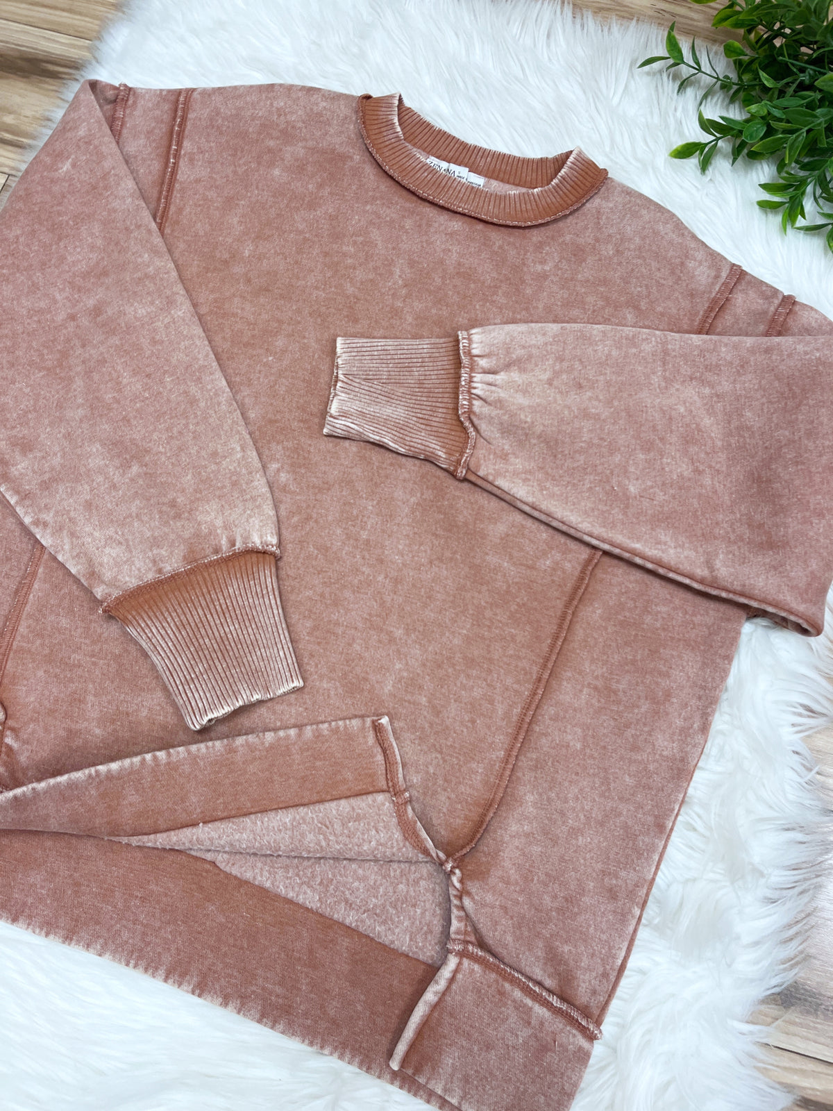 Rust Exposed Seam Pullover with Slits - Women’s Sweatshirt Top - by Zenana - Loose Fit