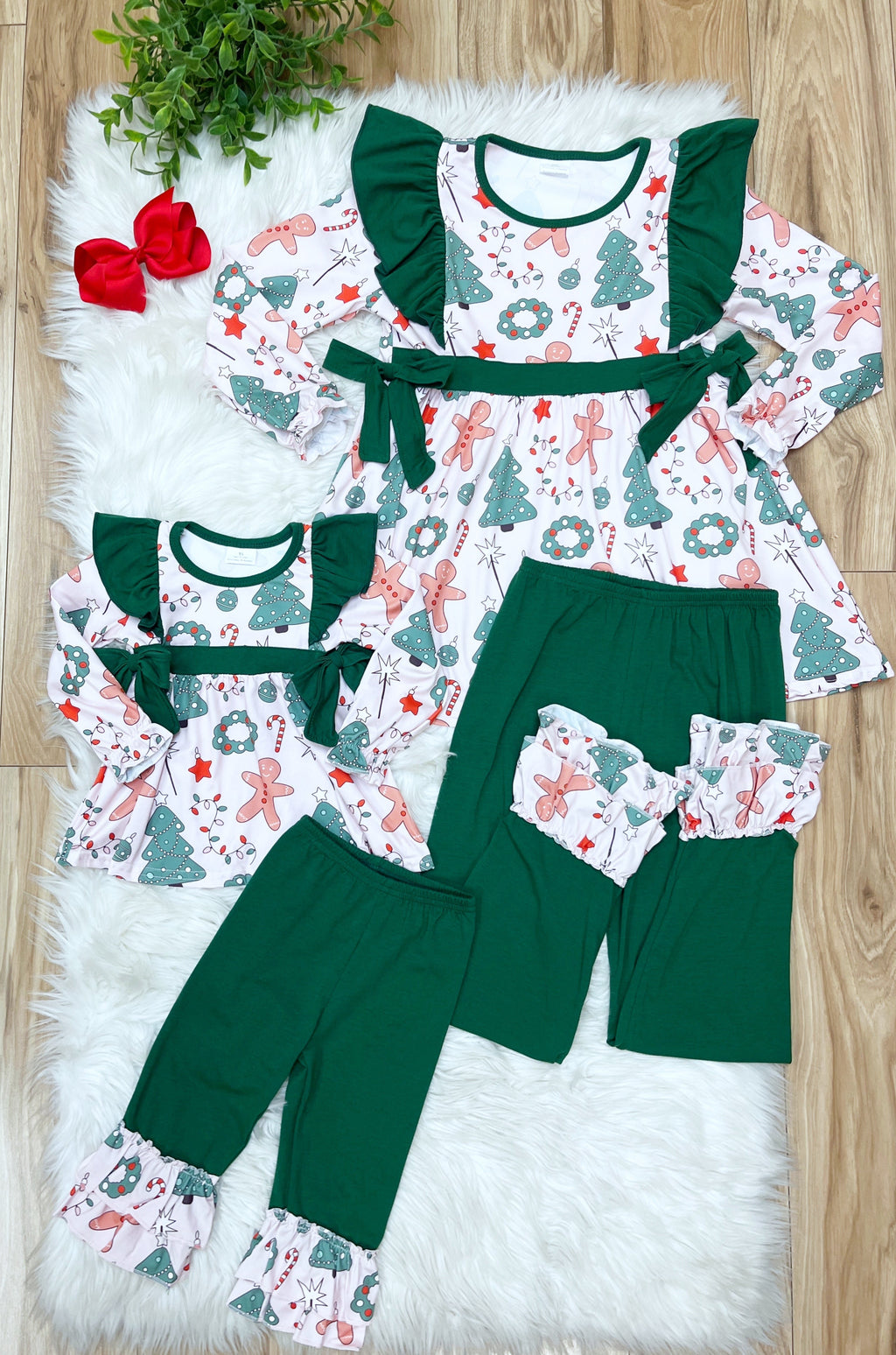 Green Ruffled Mixed Christmas Print - Girls Pants Outfit - by Mini Mee - True to Size