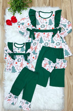 Green Ruffled Mixed Christmas Print - Girls Pants Outfit - by Mini Mee - True to Size