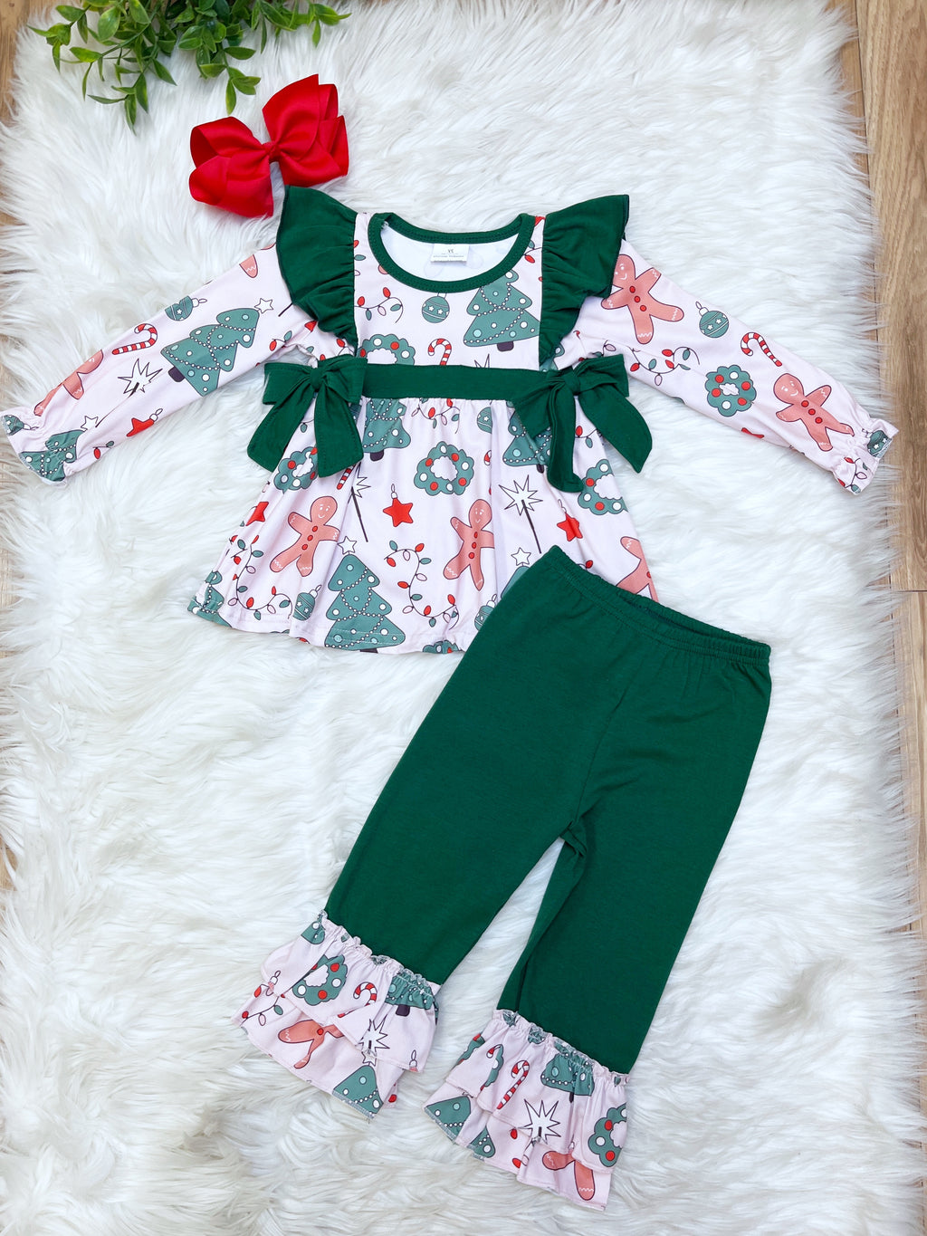 Green Ruffled Mixed Christmas Print - Girls Pants Outfit - by Mini Mee - True to Size