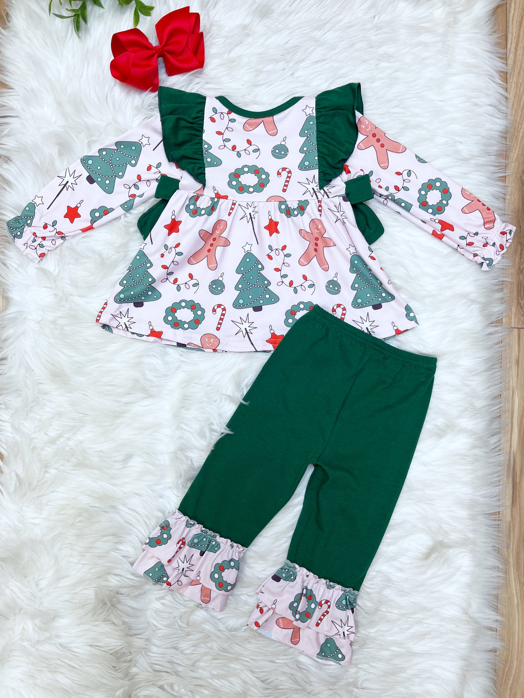 Green Ruffled Mixed Christmas Print - Girls Pants Outfit - by Mini Mee - True to Size