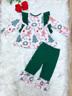 Green Ruffled Mixed Christmas Print - Girls Pants Outfit - by Mini Mee - True to Size