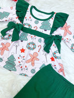 Green Ruffled Mixed Christmas Print - Girls Pants Outfit - by Mini Mee - True to Size