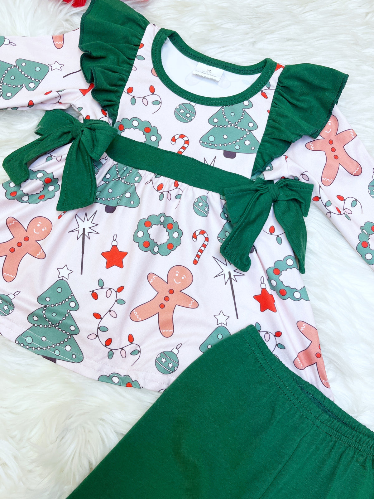 Green Ruffled Mixed Christmas Print - Girls Pants Outfit - by Mini Mee - True to Size