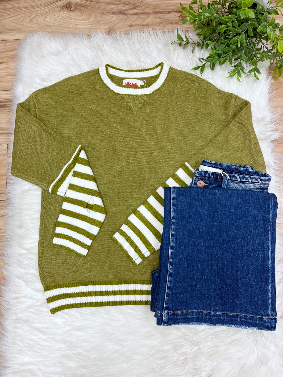 Olive Stripe Relaxed Pullover with Thumbhole - Women’s Sweater Top - by LovLov - True to Size