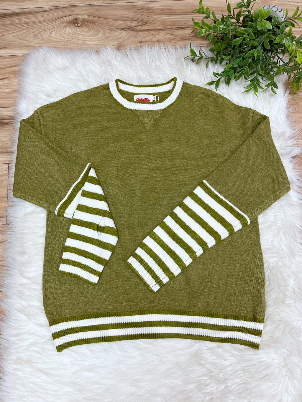 Olive Stripe Relaxed Pullover with Thumbhole - Women’s Sweater Top - by LovLov - True to Size
