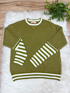 Olive Stripe Relaxed Pullover with Thumbhole - Women’s Sweater Top - by LovLov - True to Size