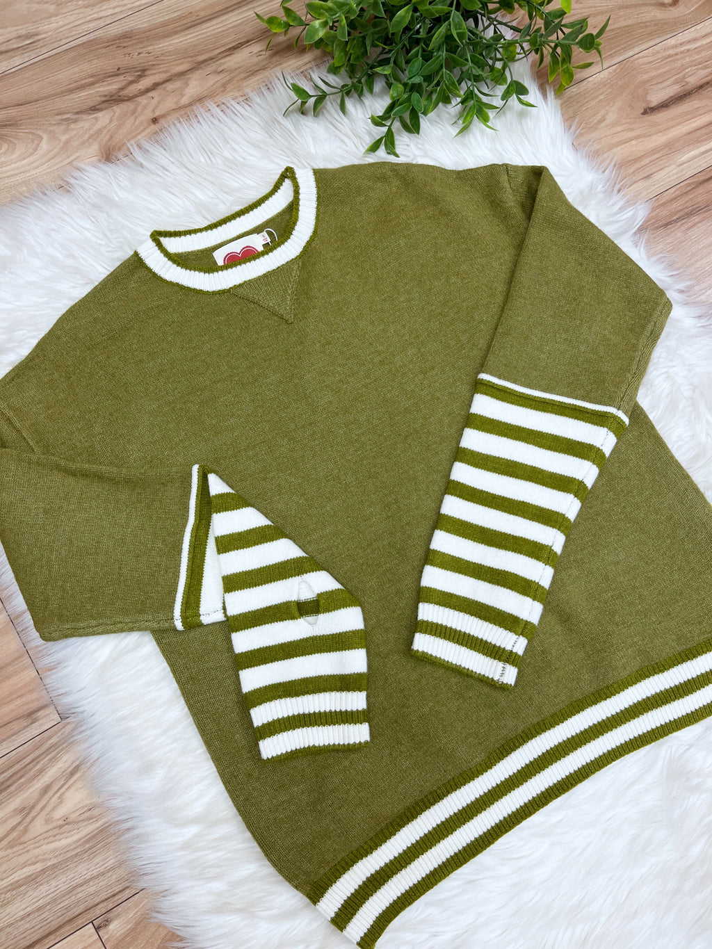 Olive Stripe Relaxed Pullover with Thumbhole - Women’s Sweater Top - by LovLov - True to Size