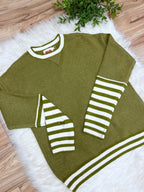 Olive Stripe Relaxed Pullover with Thumbhole - Women’s Sweater Top - by LovLov - True to Size