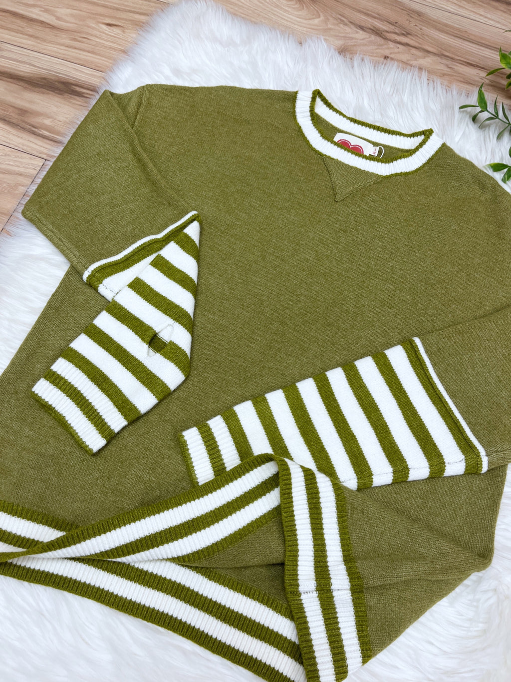 Olive Stripe Relaxed Pullover with Thumbhole - Women’s Sweater Top - by LovLov - True to Size