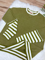 Olive Stripe Relaxed Pullover with Thumbhole - Women’s Sweater Top - by LovLov - True to Size