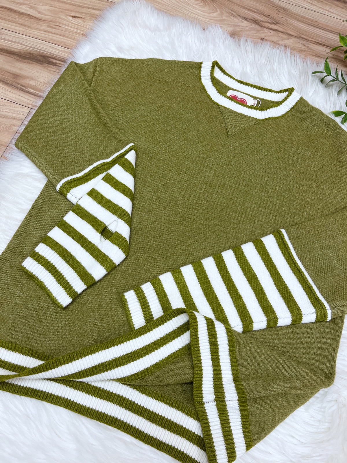 Olive Stripe Relaxed Pullover with Thumbhole - Women’s Sweater Top - by LovLov - True to Size